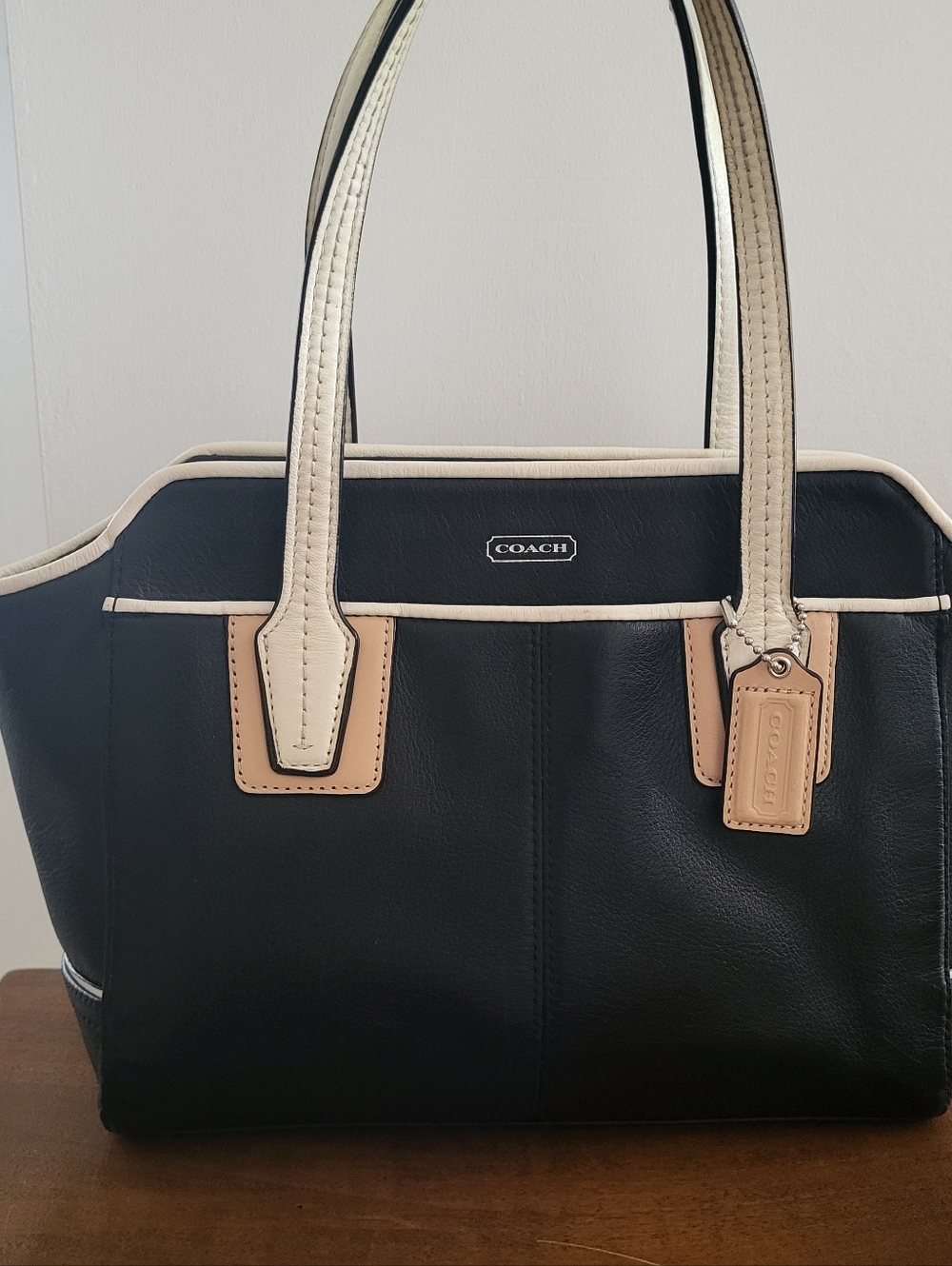 Coach Black Leather Tote with Cream Handles and Tan Accents